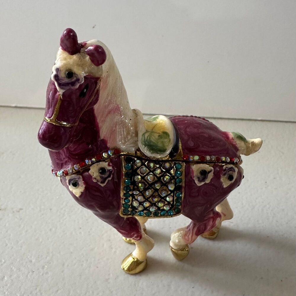 Bejeweled Hand Painted Whimsical Horse Collector's Magnetic Hinged Trinket Box